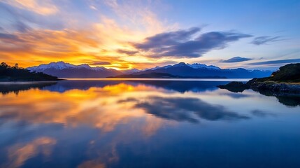 Obraz premium Breathtaking sunset over a tranquil lake reflecting mountains and colorful skies : Generative AI