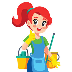 Fototapeta premium A cheerful cartoon illustration of a young woman dressed in a cleaning uniform, holding cleaning supplies, and giving a thumbs up gesture
