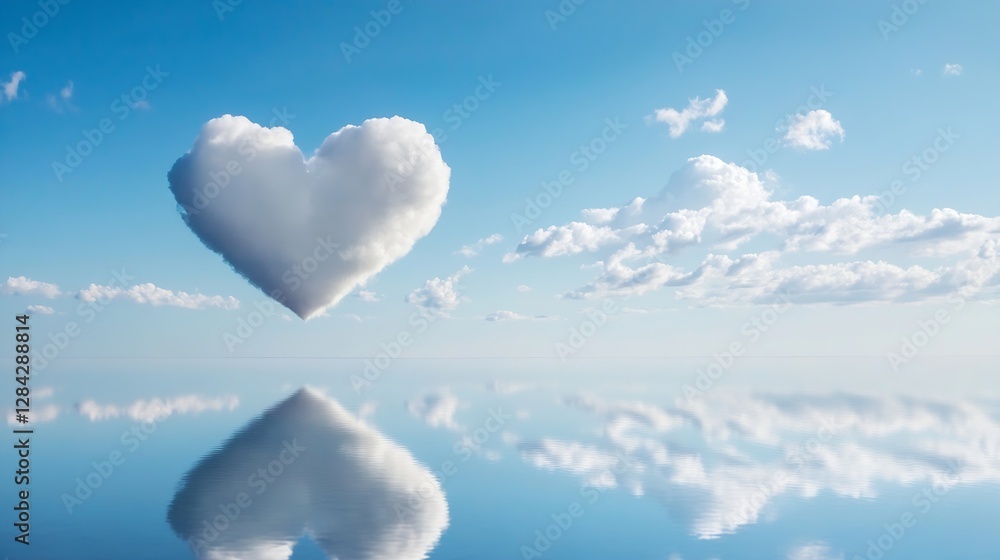 Poster Heart shaped cloud floating in a bright blue sky reflecting on calm water creating a serene atmosphere : Generative AI