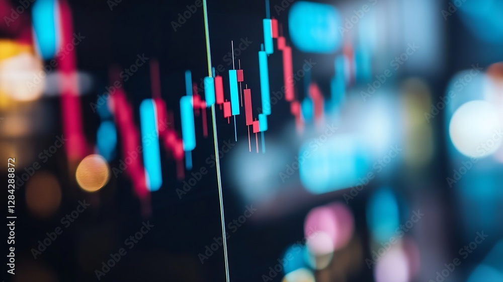Fototapete Dynamic stock market trends displayed with colorful candlestick chart and glowing bokeh lights in the background : Generative AI