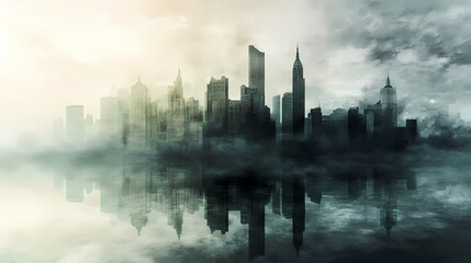 Fototapeta premium Ethereal city silhouette a dreamy skyline in soft pastels amidst morning fog and serenity. Ethereal City Skyline. Illustration