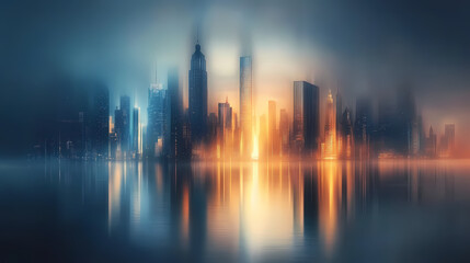 Naklejka premium Ethereal city skyline reflection at dawn with mist and soft light illuminating urban buildings and structures. Ethereal City Skyline. Illustration
