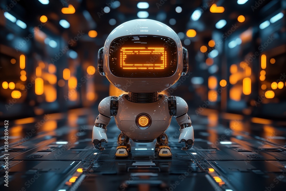 Poster miniature robot stands in a high-tech, futuristic environment with glowing lights and intricate patt