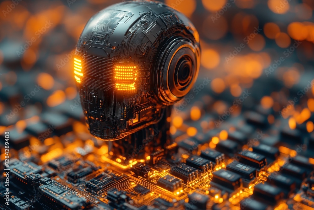 Poster futuristic robot head illuminated on a circuit board with glowing orange details showcasing advanced