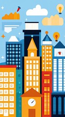 Franchise Growth & Brand Expansion Colorful cityscape with various skyscrapers.