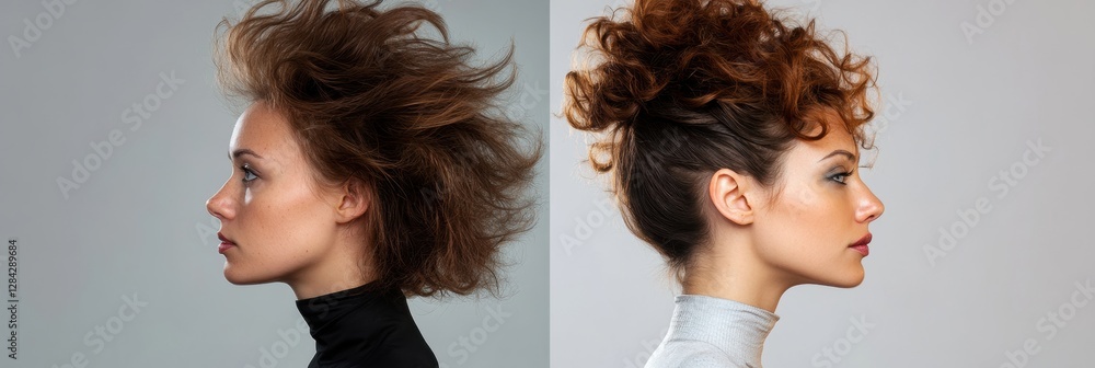 Poster transformation of hairstyle from unkempt to stylish in a professional setting. generative ai