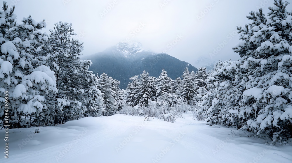 Poster serene snowy landscape with towering mountains hidden behind fog in a winter wonderland : generative