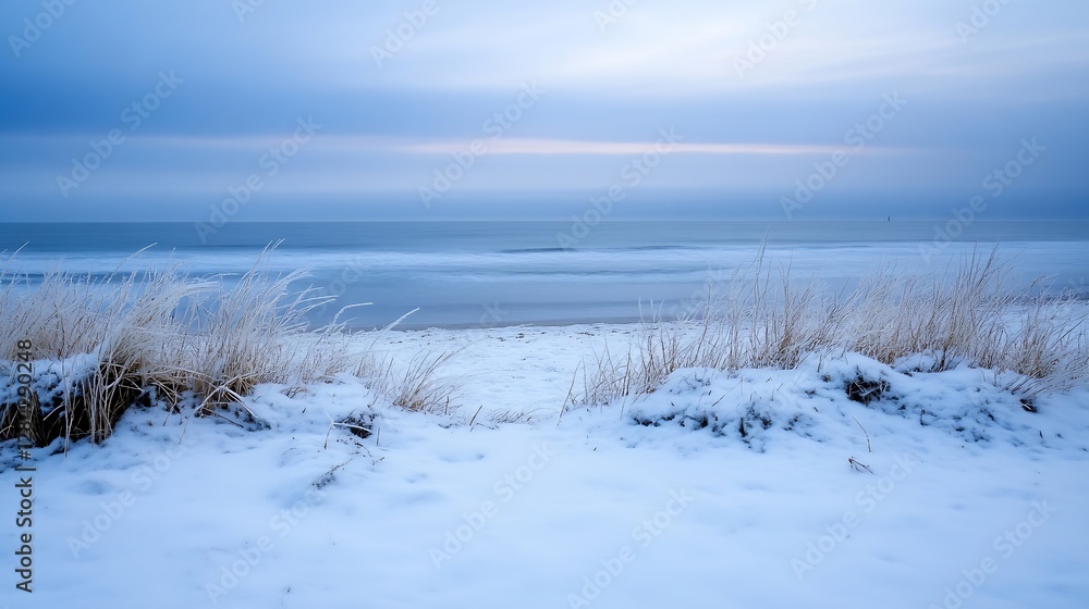 Poster cold winter beach scene with snowy dunes and calm ocean waters under a cloudy sky : generative ai