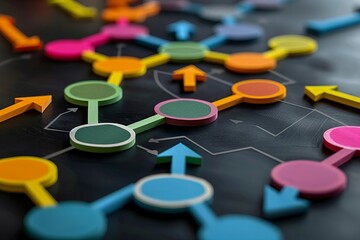close-up shot of a flowchart diagram displaying the software development branching strategy process workflow, with colorful arrows highlighting branch merging, pull request, commit, master