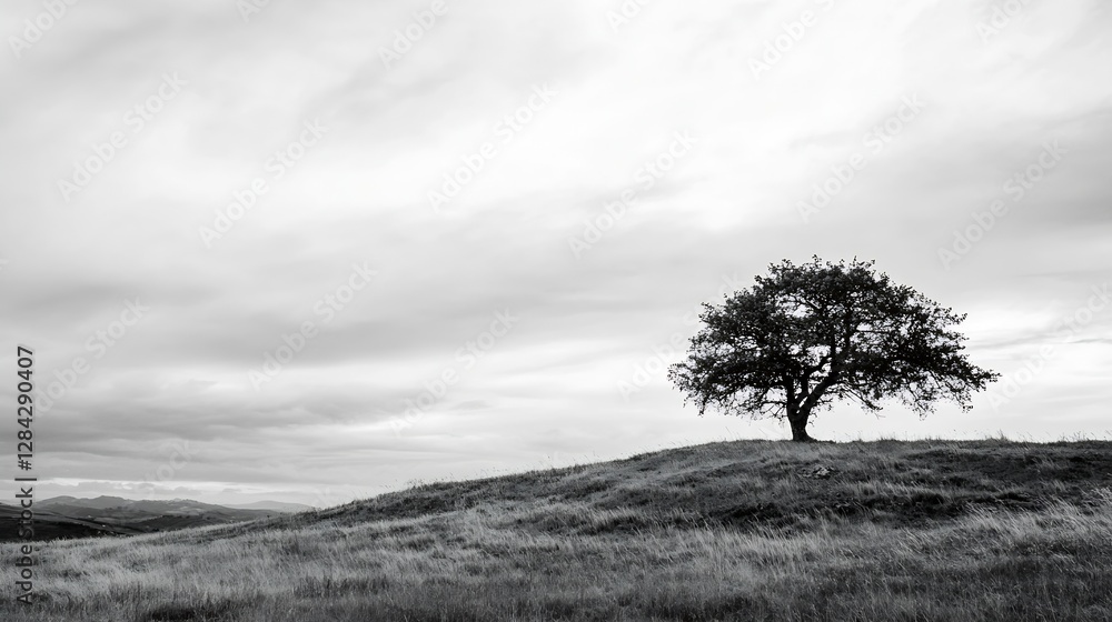 Poster lonely tree standing tall on grassy hillside under dramatic cloudy sky in peaceful black and white s