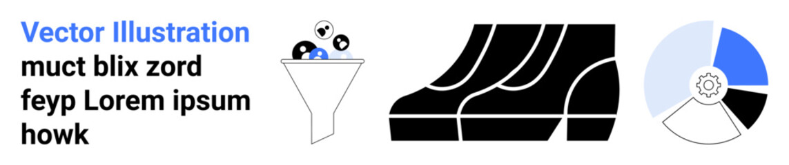 Data entering a funnel, teamwork steps visualized as footprints, and a gear-infused pie chart depicting progress. Ideal for analytics, AI, teamwork, planning, strategy, workflow flat landing page