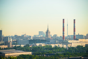 Obraz premium Morning urban landscape of Moscow from Vorobyovy Gory, with a view of the Ostankino TV tower and the Stalin high-rise