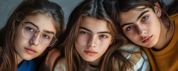 Obraz premium Three teen girls with long hair, glasses and freckles sitting close together