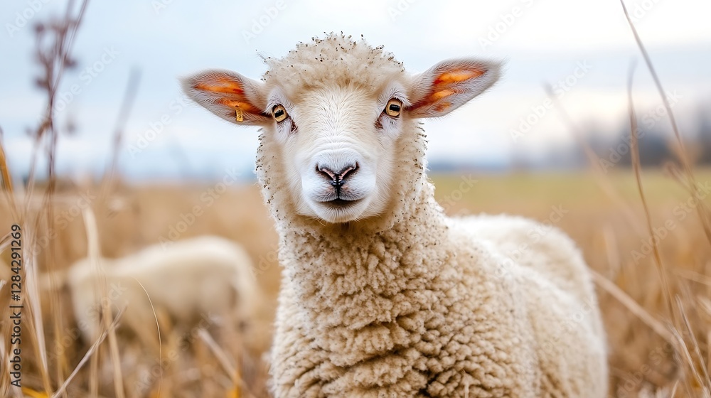 Poster charming close up of a fluffy sheep with expressive eyes grazing in a serene rural landscape : gener