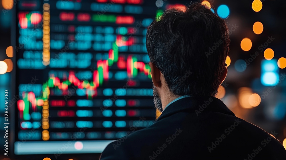 Aufkleber man in suit observes stock market data on screen, reflecting on financial trends and market analysis