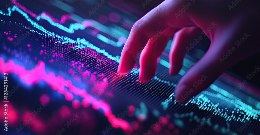 Poster analyzing the market data on a virtual screen, the trader examines the price graph and indicators. t