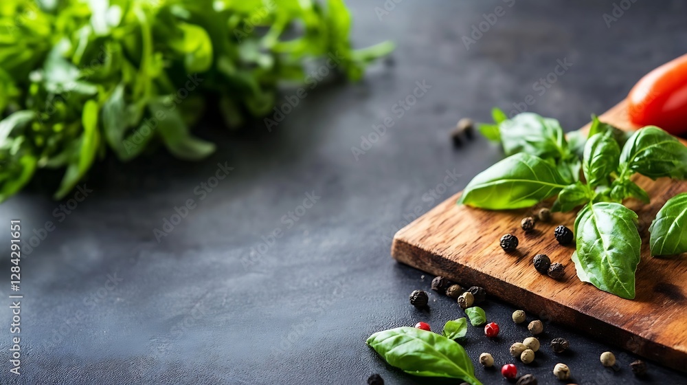 Poster fresh basil leaves with assorted spices on a wooden cutting board in kitchen setup : generative ai