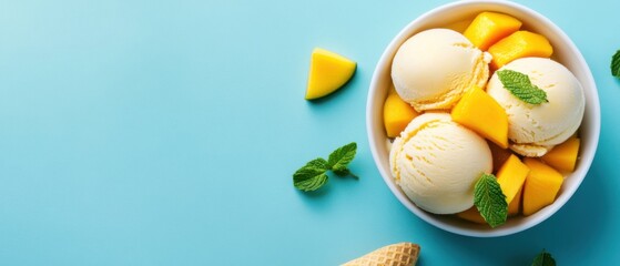 Refreshing Mango Ice Cream Bowl with Mint Leaves on Blue Background