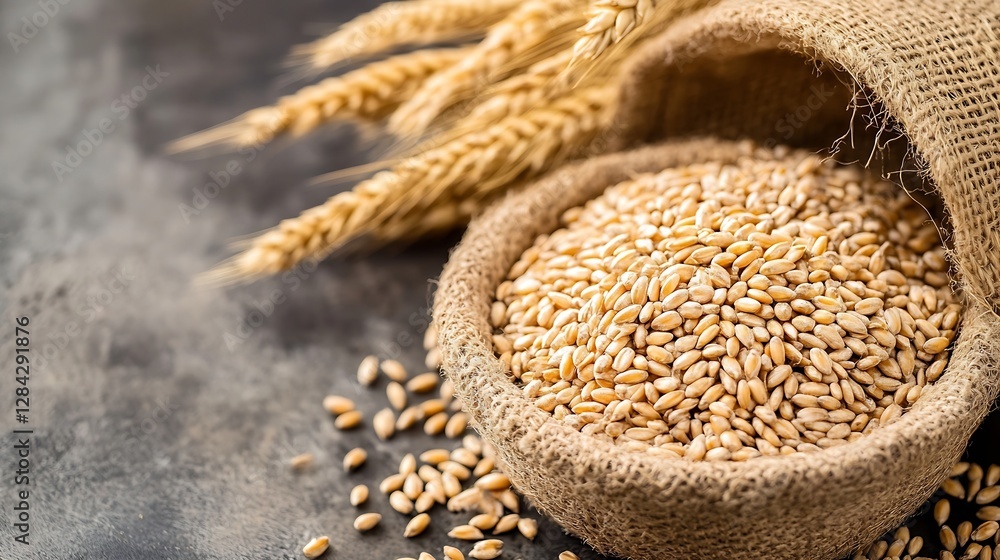 Aufkleber A rustic burlap sack filled with sesame seeds and stalks of wheat on a dark textured surface : Generative AI