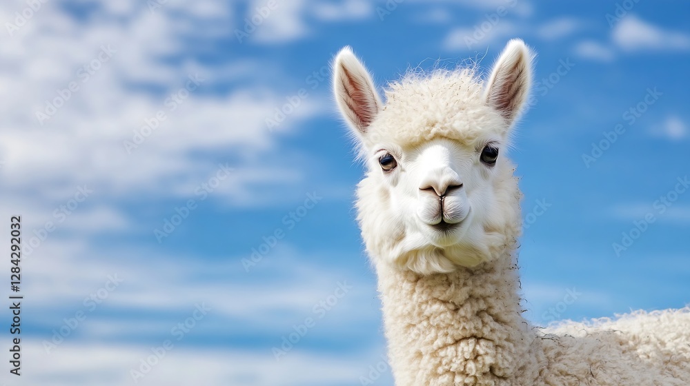 Poster Adorable fluffy llama smiling brightly against a clear sky with soft clouds in the background : Generative AI