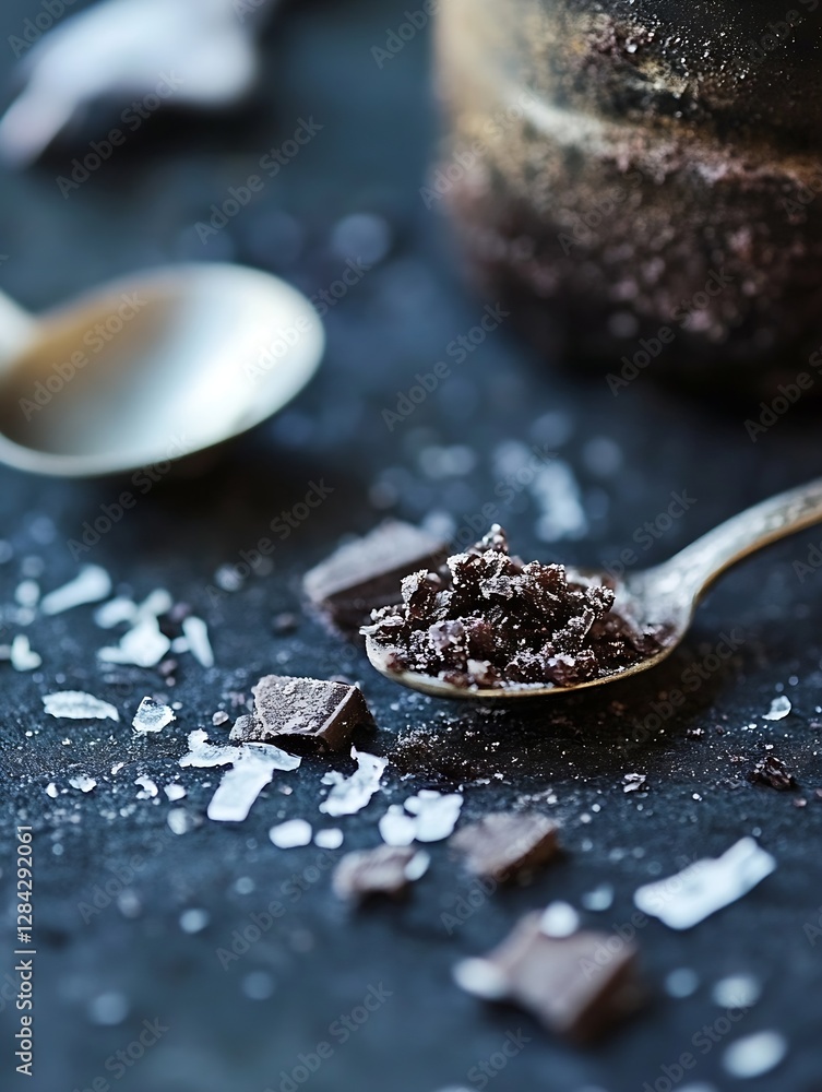 Poster delicious dark chocolate chunks with coarse salt on a spoon against a textured background : generati