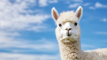 Adorable fluffy llama smiling brightly against a clear sky with soft clouds in the background : Generative AI