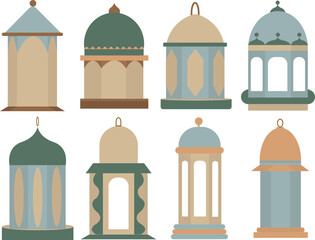 This illustration features eight minimalist Ramadan lanterns in earthy beige, green, and blue tones. The flat design, clean lines, and geometric shapes create a modern, festive, and cultural aesthetic