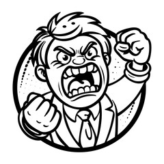 Angry man shouting with frustration, glyph style sticker 