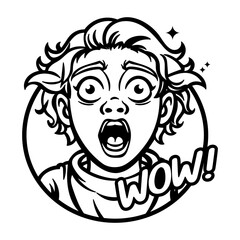 A glyph sticker of a surprised character with wow typography