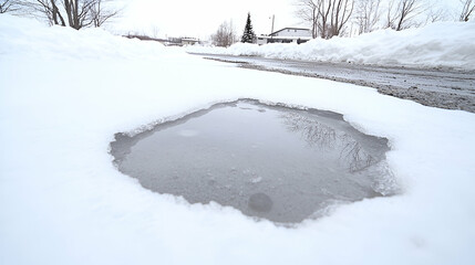 Obraz premium Winter puddle, snowy road, houses background, weather, road conditions