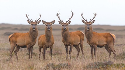 Obraz premium Four red deer stags in a misty field, wildlife photography for nature documentaries