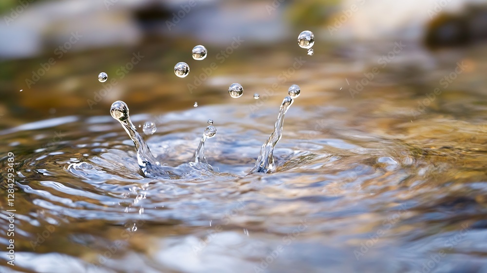 Fototapete CloseUp of Water Droplets Splashing on Calm Surface Creating Ripples : Generative AI