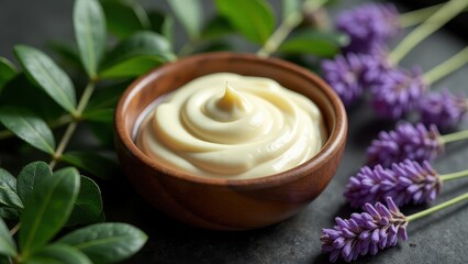 Shea butter cream, Bird's-eye view of shea butter cream in a luxurious spa setting with eucalyptus and lavender under twilight