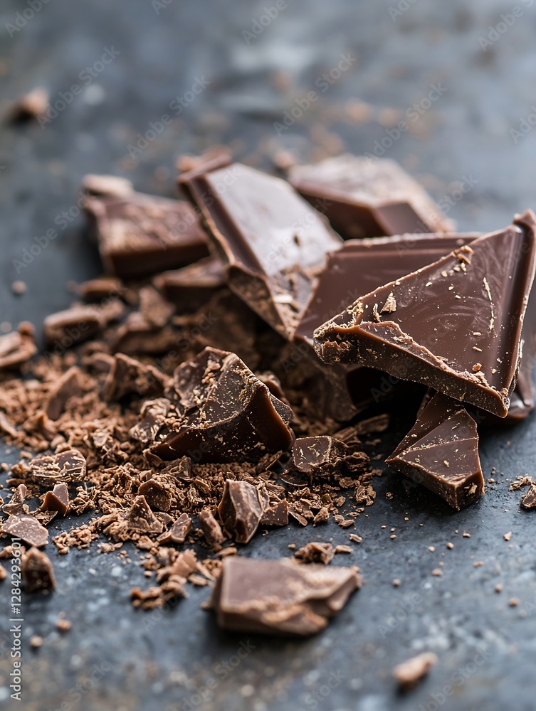 Poster delicious broken chocolate pieces scattered over a dark stone surface showcasing tempting sweet trea
