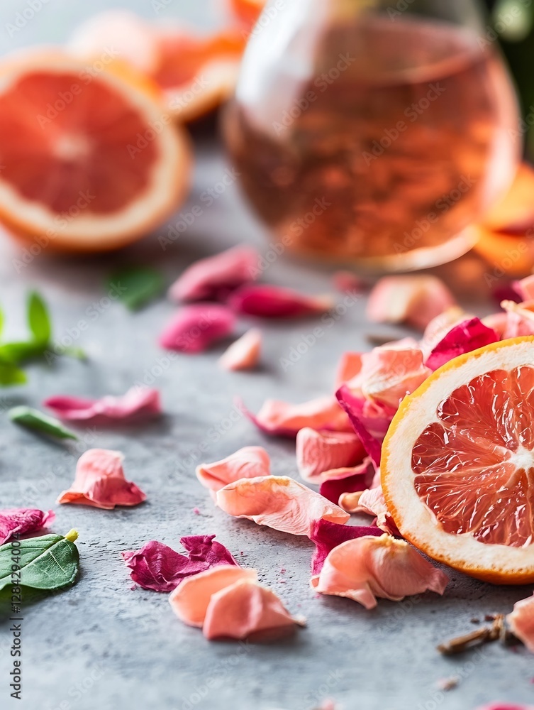 Aufkleber Fresh grapefruit slices surrounded by vibrant rose petals creating a beautiful natural setting : Generative AI