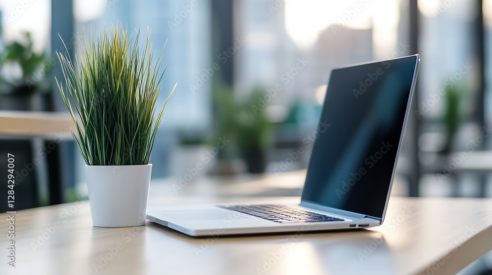 Poster modern workspace featuring open laptop next to lively green plant in a bright setting : generative a