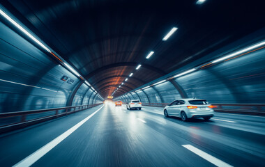 Obraz premium Blurred motion of cars speeding through a high-tech tunnel with bright artificial lights
