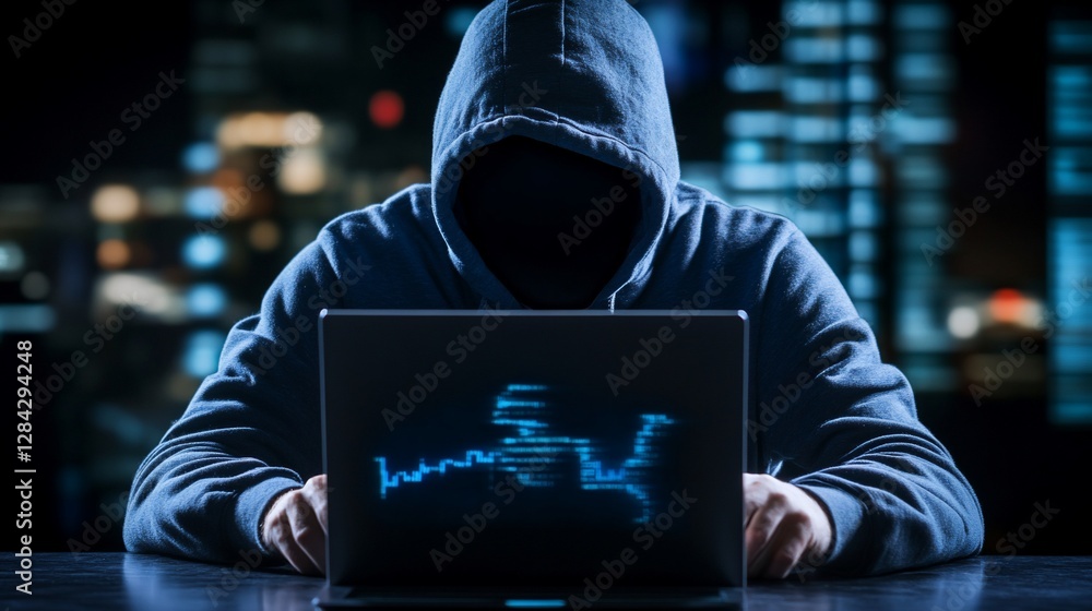 Aufkleber cybersecurity threat: anonymous hacker working on a laptop in the dark