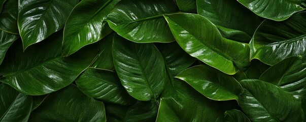 Lush green tropical leaves with glossy texture