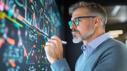 man analyzing data on digital screen, showcasing graphs and charts. He appears focused and engaged in his work, reflecting professional environment
