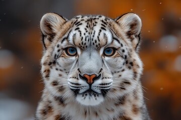 Snow leopard stares intently with striking blue eyes in a winter landscape surrounded by soft snow