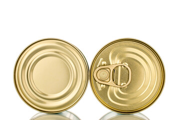 Two metal cans of tuna, close-up, isolated on a white background.