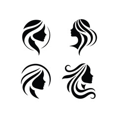 Stylized female profile, black and white silhouette, minimalist beauty icon, hair salon logo design