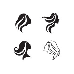 Stylized female profile, black and white silhouette, minimalist beauty icon, hair salon logo design