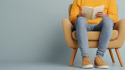 Reading book in cozy chair, person in yellow sweater and jeans enjoys quiet moment. soft, neutral background enhances relaxed atmosphere