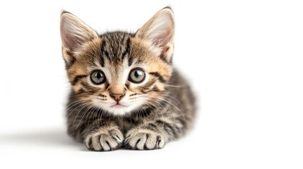 Obraz premium Adorable kitten, lying, white background, curious gaze