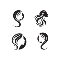Stylized female profile, black and white silhouette, minimalist beauty icon, hair salon logo design