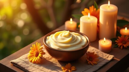 Obraz premium Shea butter cream, Bird's-eye view of shea butter cream in a spa setting sunset light tranquil atmosphere 8K UHD.