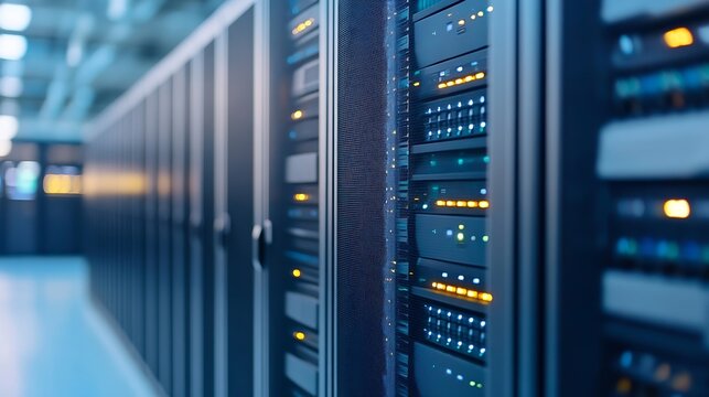 Modern data center filled with server racks illuminated by LED lights showing the power of technology and connectivity : Generative AI - Powered by Adobe