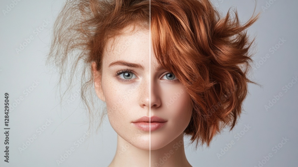 Aufkleber transformation from unkempt to elegant hairstyle showcasing dramatic change in appearance and style 